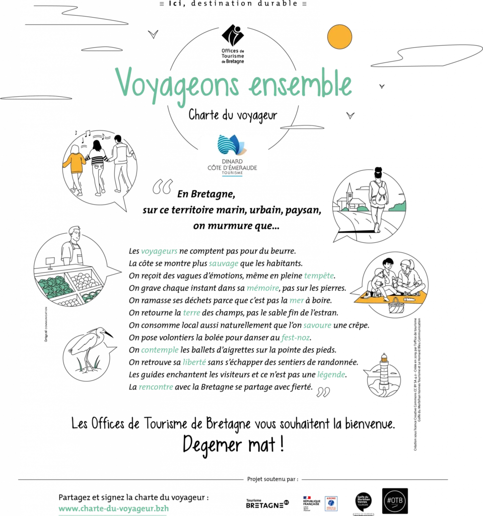 la charte du voyageur de Bretagne créée par la Fédération des offices de tourisme de Bretagne. Si vous souhaitez agir pour un tourisme responsable et explorer la Bretagne, nous vous invitons à devenir des ambassadeurs de la Charte du Voyageur. Vacances responsables