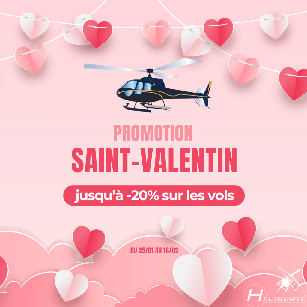 Affiche Promotions Saint Valentin 2025 par Héliberté : sorties en hélicoptère au dessus de la Côte d'Émeraude en Bretagne.