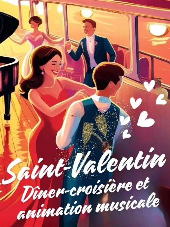 Croisiere Saint Valentin Chateaubriand - Affiche illustrée représentant des couples dansant autour d'un piano sur le pont intérieur d'un bateau.